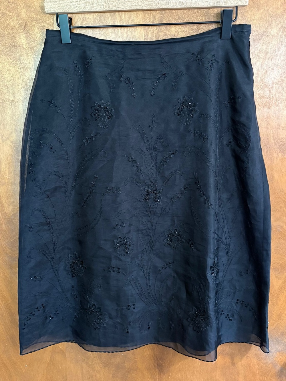 Vintage Black 100% Silk Organza Beaded Embroidered Midi Skirt 6 Floral Fairy Y2K